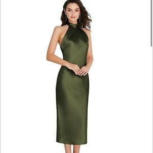 Dessy Scarf Tie High-Neck Halter Midi Slip Dress Olive green